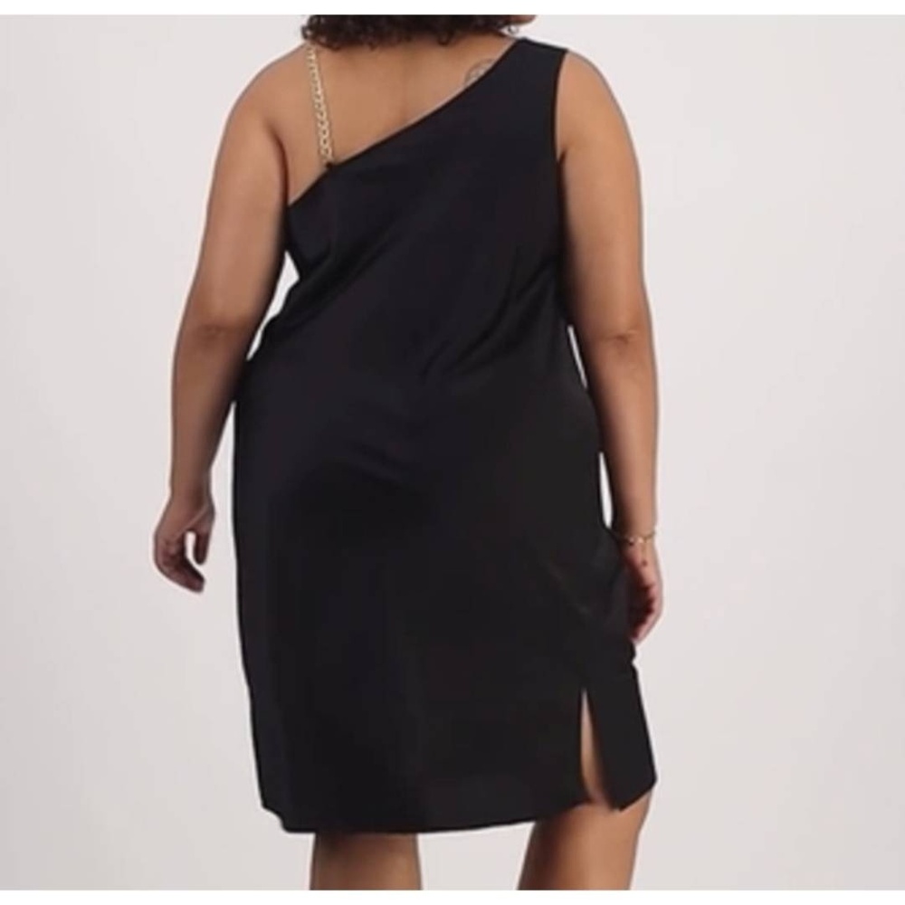 And Now This Black One Shoulder Cowl Neck Gold Chain Asymmetrical Satin Dress - Picture 11 of 12